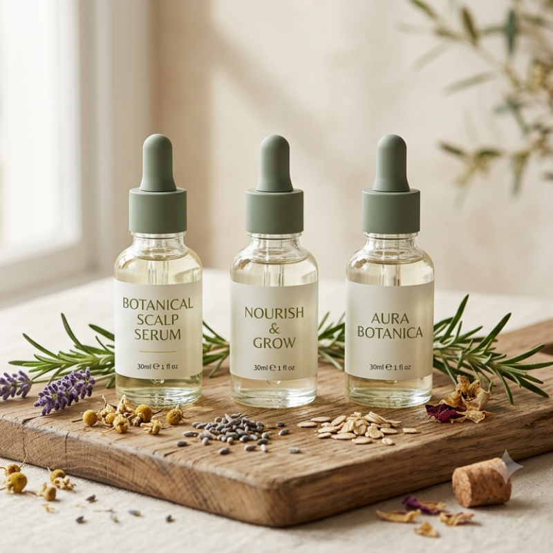 Three small dropper bottles of Aura Botanica natural hair and scalp care products arranged on a wooden board with herbs and dried botanicals, beside text reading 'AURA BOTANICA NATURAL HAIR & SCALP CARE'.